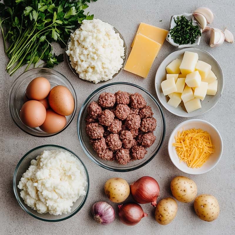 Ingredients for meatball and mashed potato bake recipe