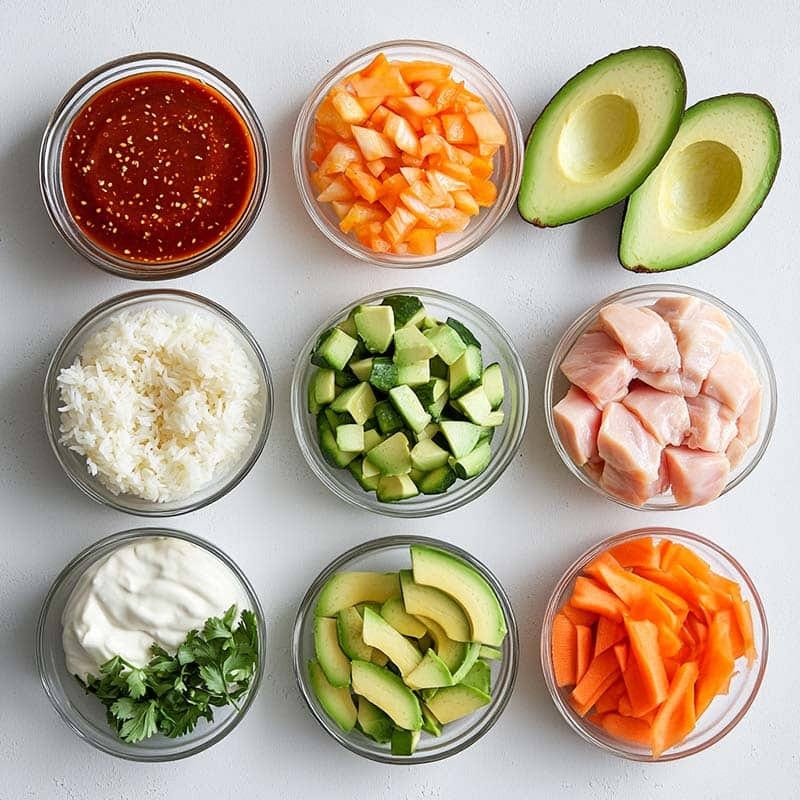 Chicken bang bang bowl ingredients laid out