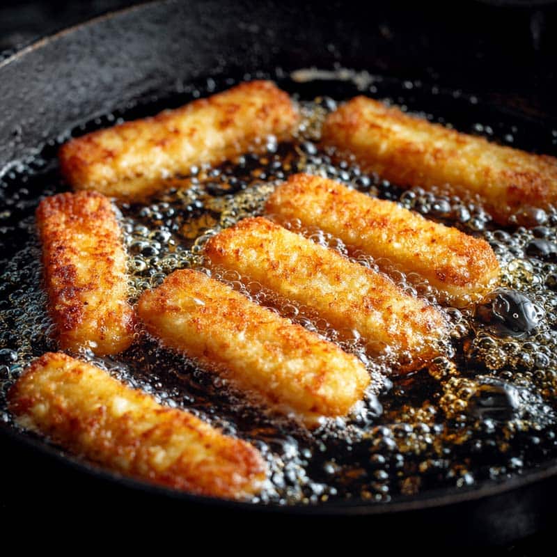 Frying potato mozzarella sticks in oil