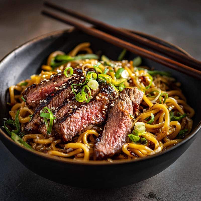 Garlic butter steak lightning noodles in bowl