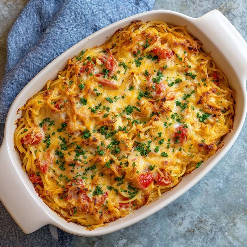 Monterey chicken spaghetti with Rotel baked in a casserole dish