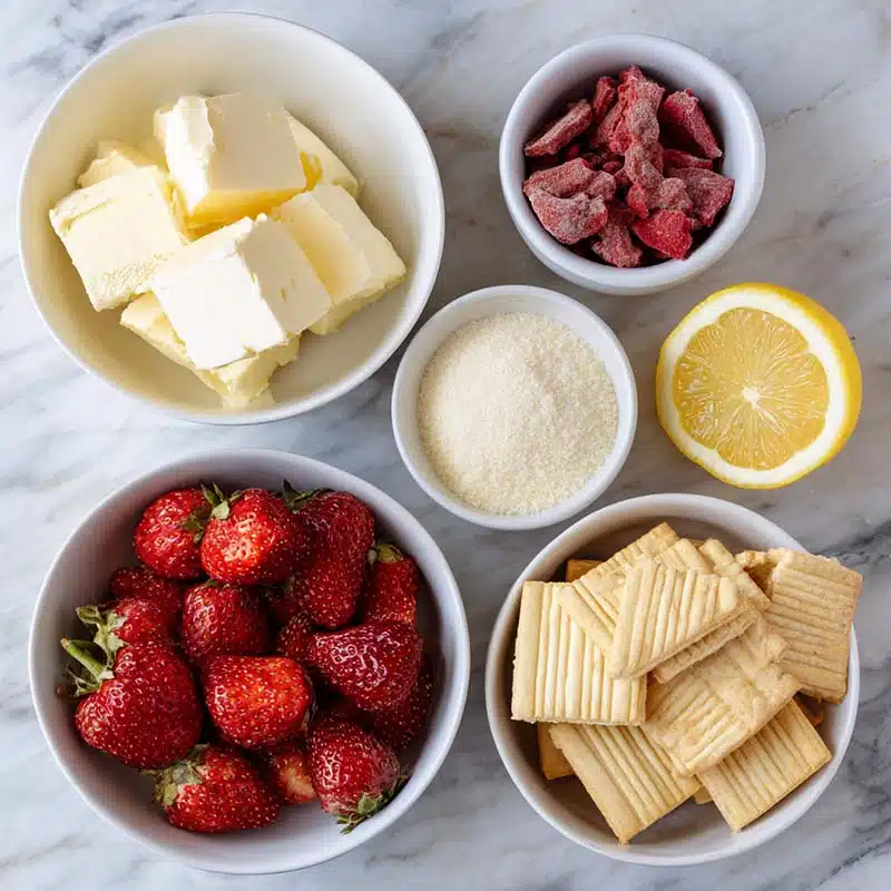 ingredients for strawberry crunch cheesecake