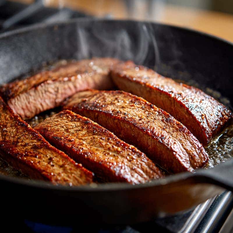 Searing flank steak for lightning noodles