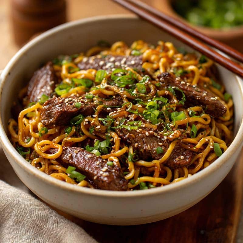 Garlic butter steak lightning noodles served