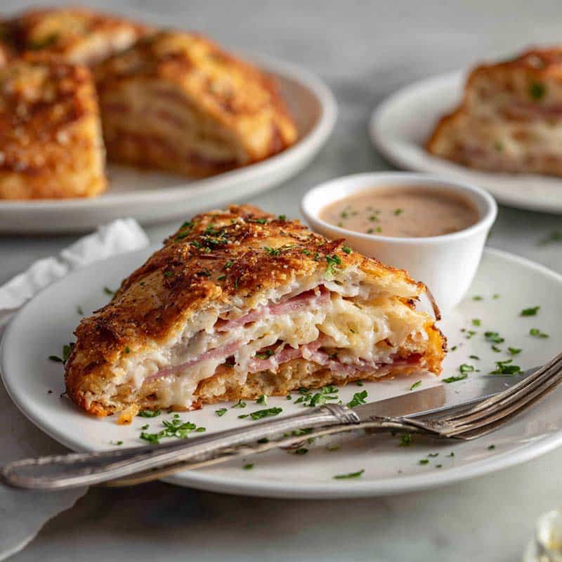 Sliced Reuben Crescent Bake served with sauce
