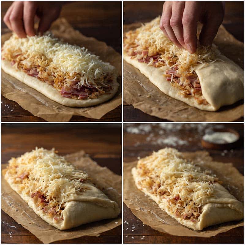 Layering corned beef and sauerkraut in crescent dough
