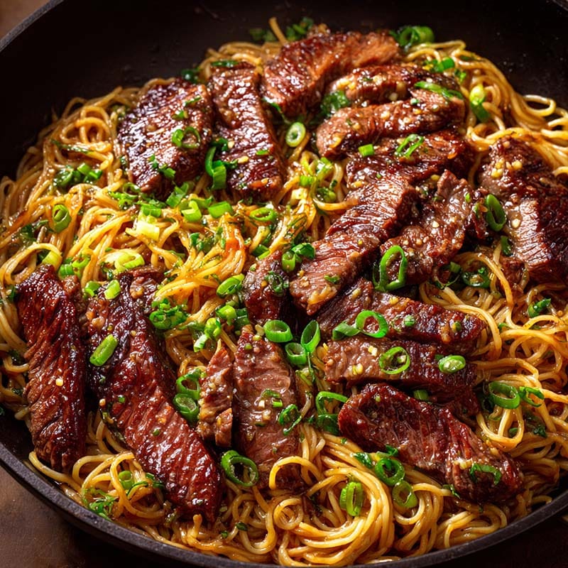 Tossing noodles with steak and sauce