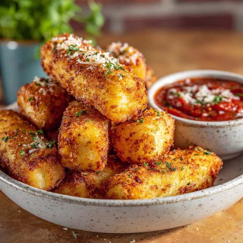 Crispy potato mozzarella sticks with marinara