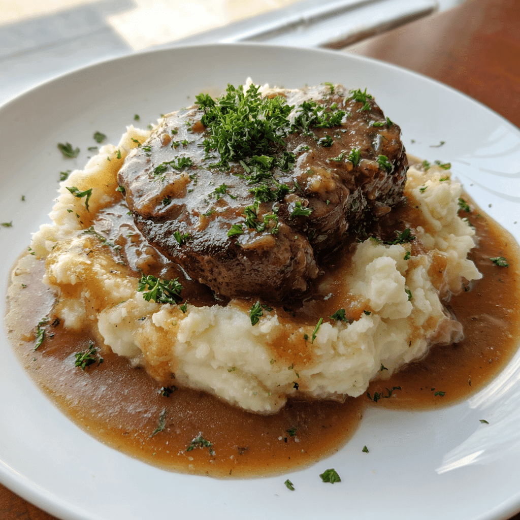served swiss steak with mashed potatoes