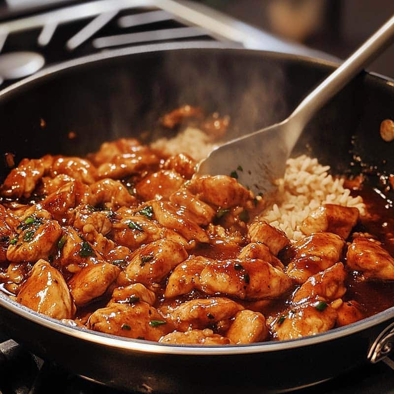 one-pan bold honey bbq chicken rice simmering