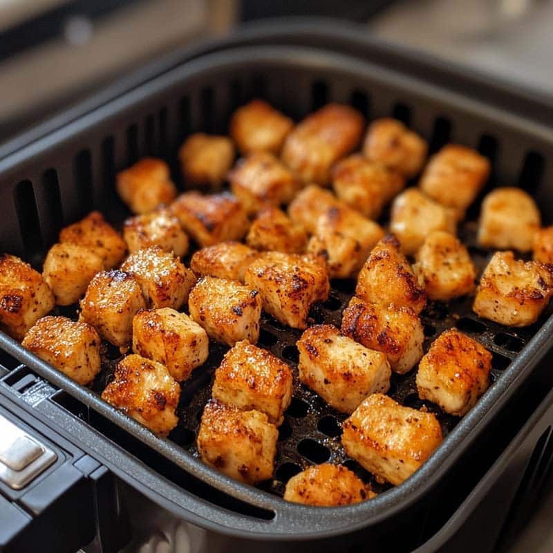Chicken cooking in air fryer for bang bang bowl