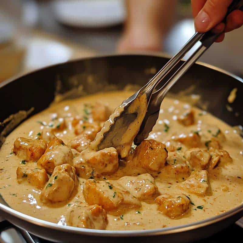 Chicken being coated in bang bang sauce