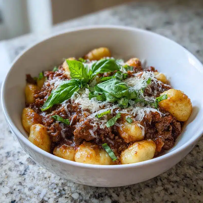 Gnocchi beef Bolognese served warm with Parmesan