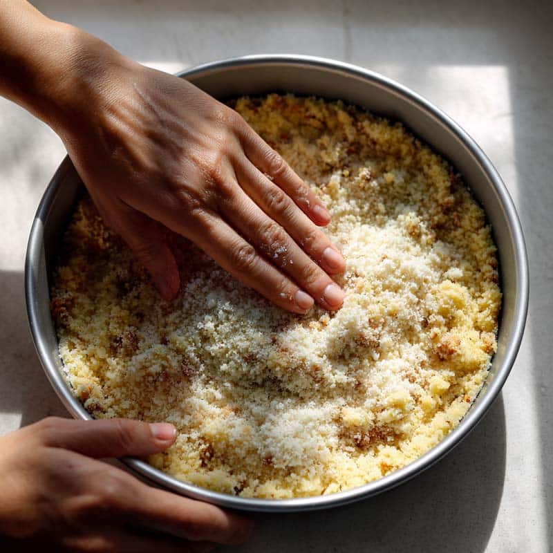 pressing cheesecake crust into springform pan