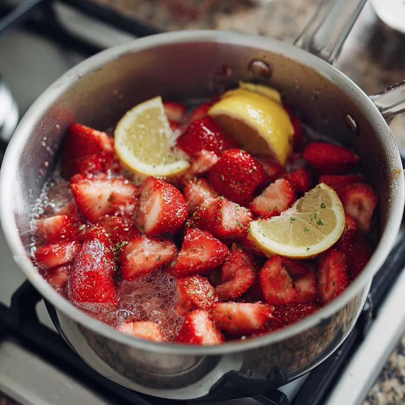 cooking strawberry sauce in saucepan