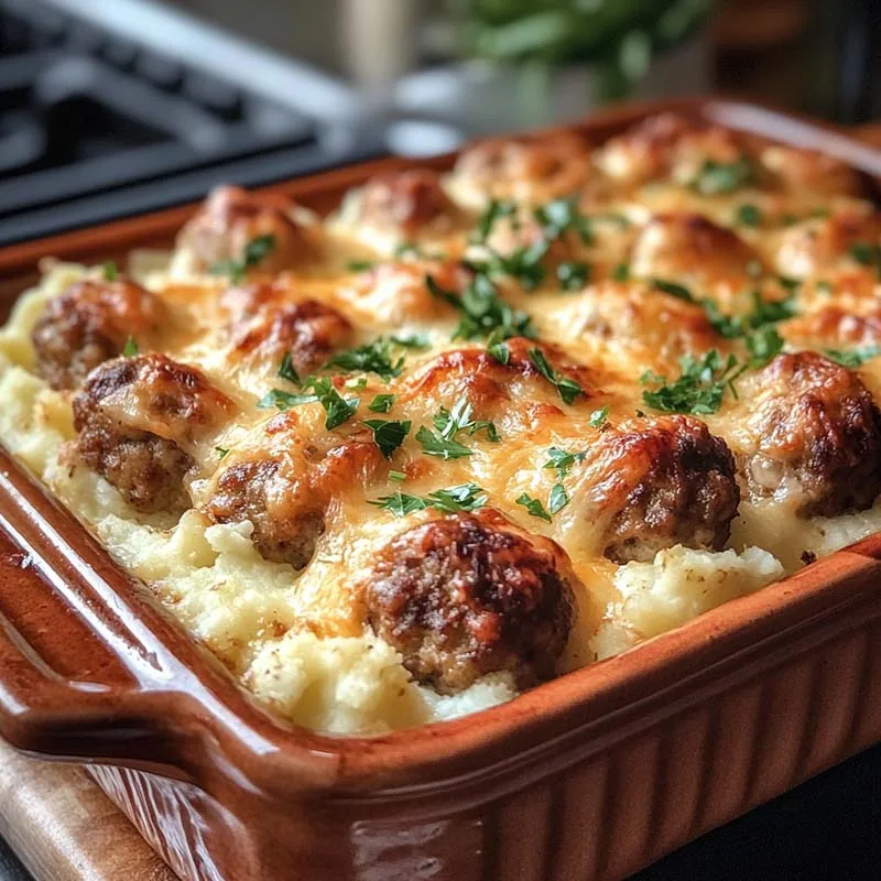 Meatball and mashed potato bake fresh from oven