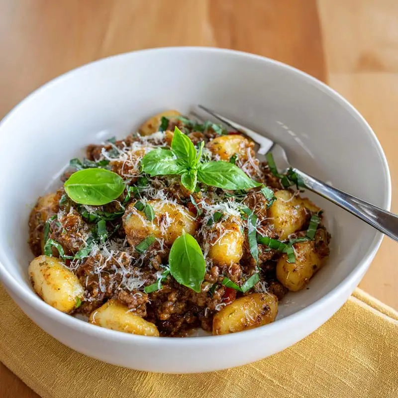 Finished dish of gnocchi beef Bolognese