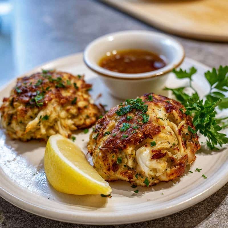 plated crab bombs with dipping sauce