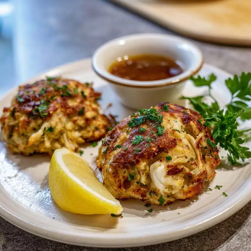 plated crab bombs with dipping sauce