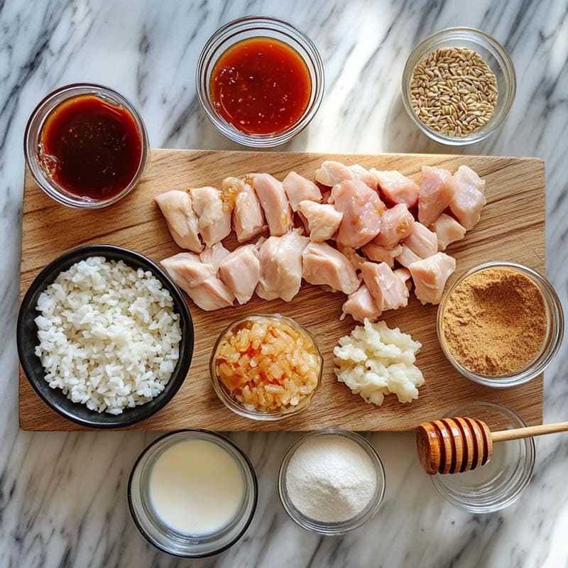 Ingredients for one-pan bold honey bbq chicken rice recipe