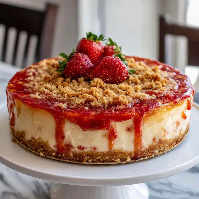 strawberry crunch cake cheesecake on cake stand