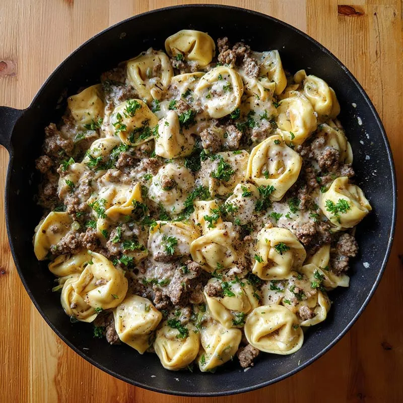 skillet beef stroganoff tortellini in creamy sauce