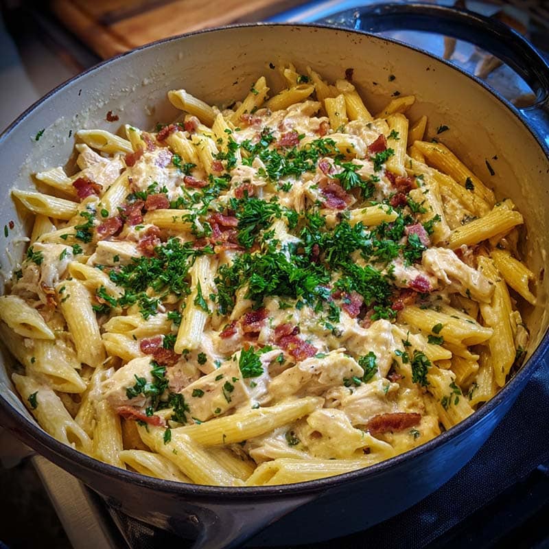 Crack Chicken Penne in Dutch oven with cheese and bacon