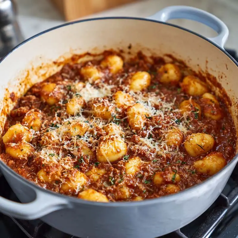 Gnocchi stirred into beef Bolognese sauce
