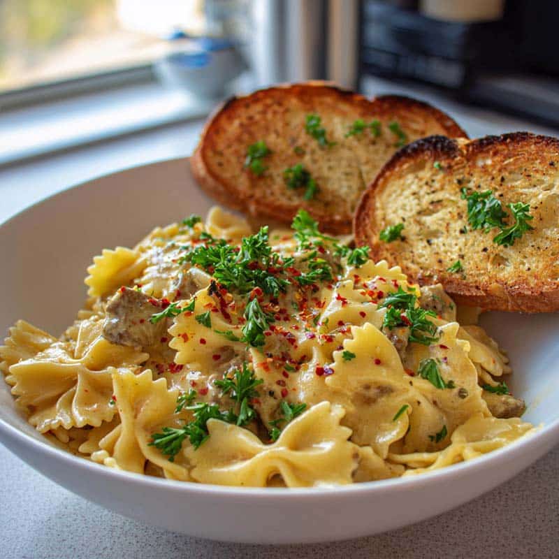 Creamy Velveeta beef pasta ready to serve