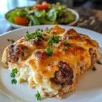 Serving of cheesy meatball and mashed potato casserole
