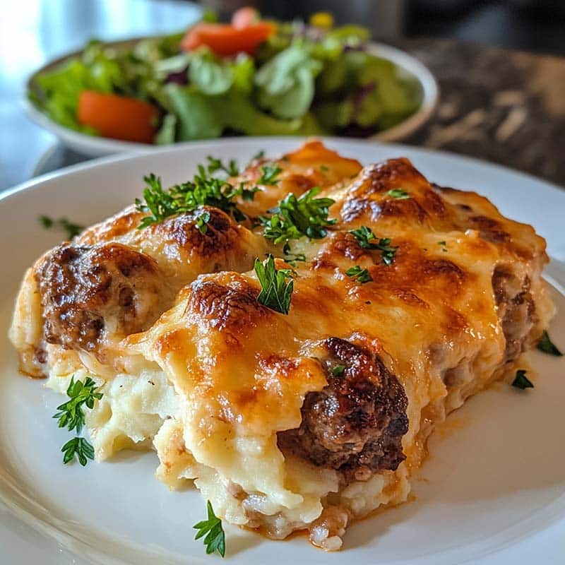 Serving of cheesy meatball and mashed potato casserole