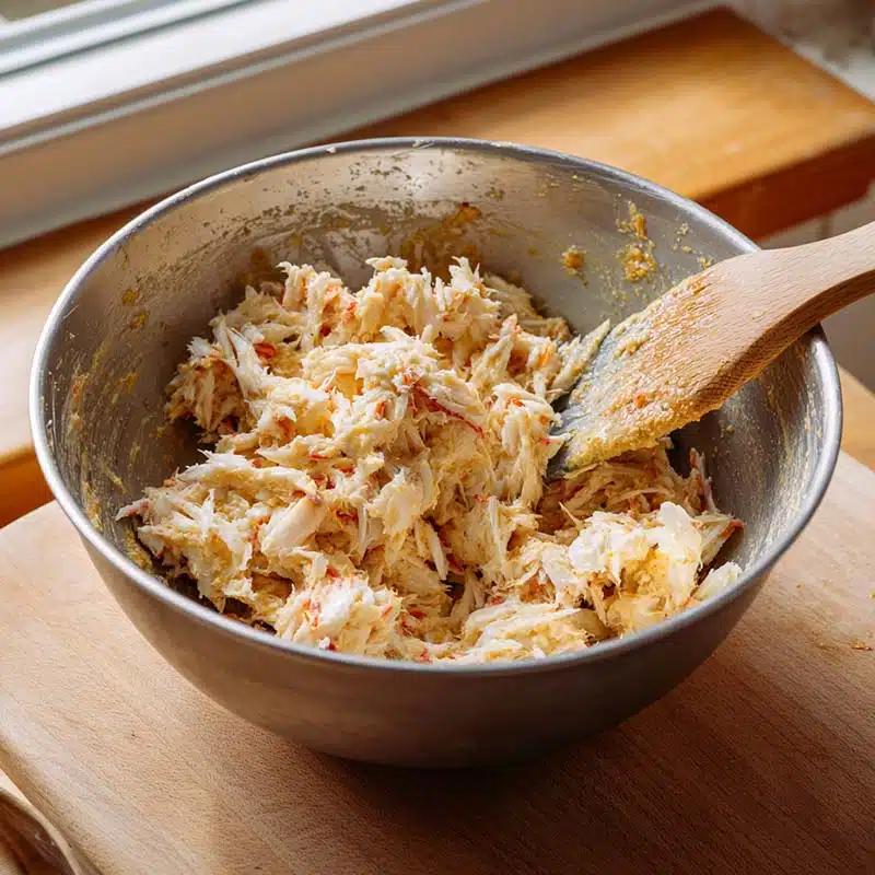 folding crab bomb ingredients in bowl