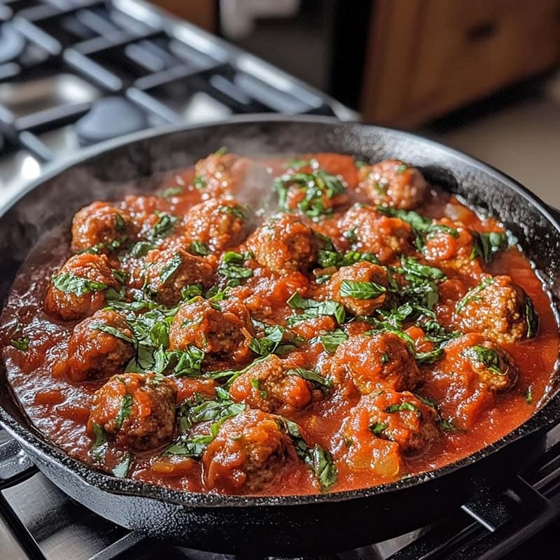 Meatballs simmering in tomato basil sauce