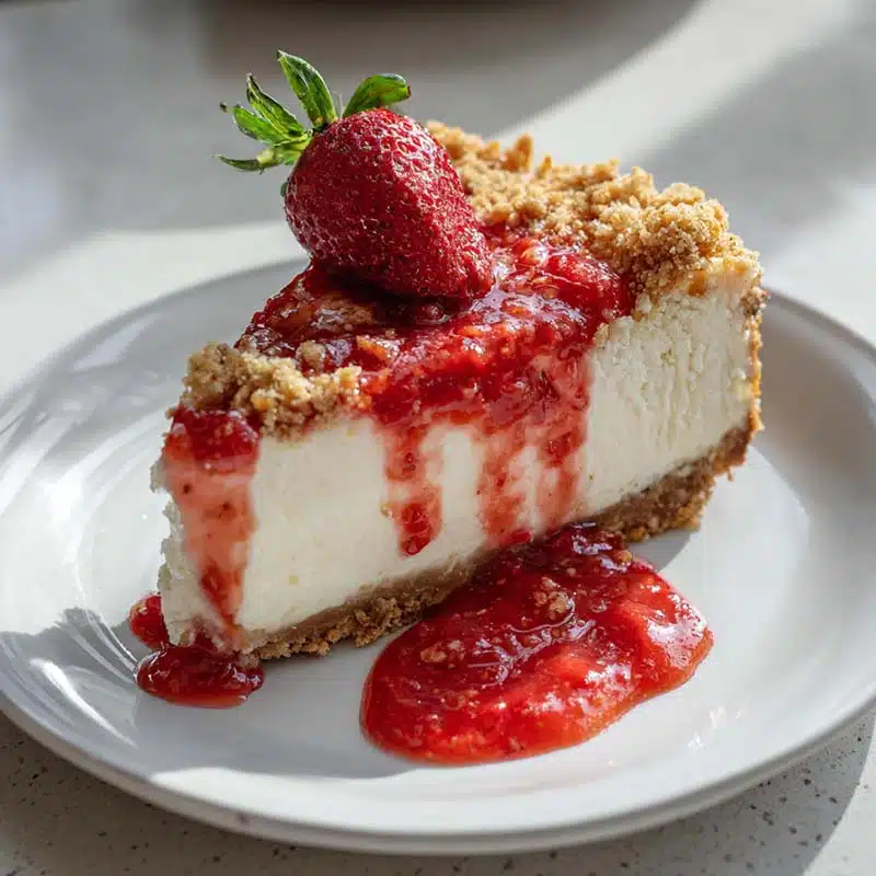 slice of strawberry crunch cheesecake served with sauce