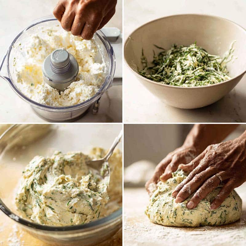 steps showing blending, yeast activation, mixing, and kneading dough