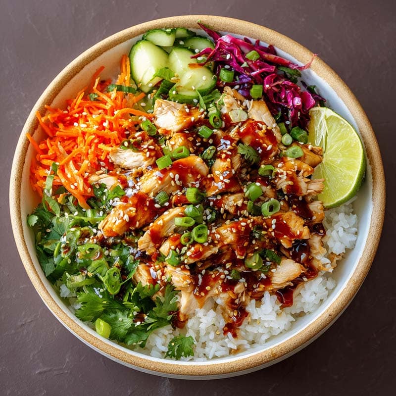 Served Sweet Chili Chicken Bowl with Coconut Lime Drizzle