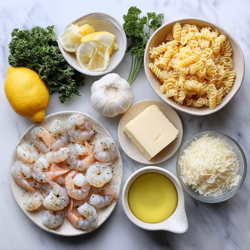 Ingredients for shrimp scampi pasta bake recipe