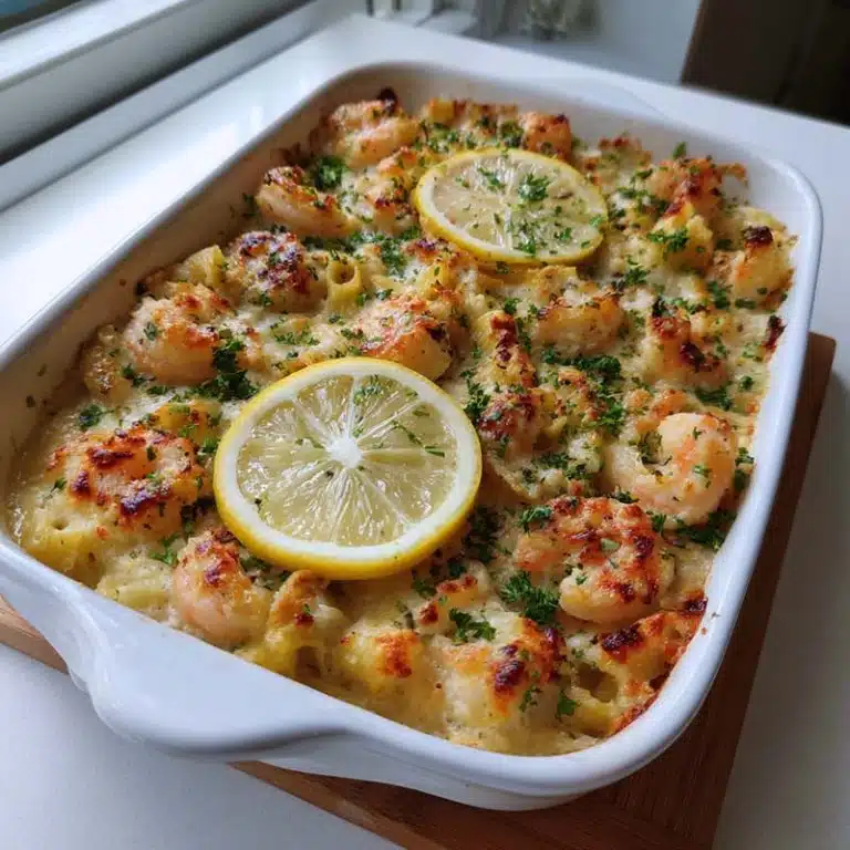 Shrimp Scampi Pasta Bake in a creamy garlic lemon sauce