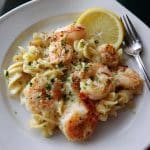 Plated serving of shrimp scampi pasta bake