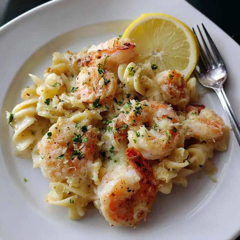Plated serving of shrimp scampi pasta bake